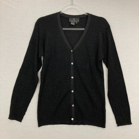Carole Little Black Silk Blend Metallic Rib Knit Button Cardigan Large Preppy - Picture 1 of 8